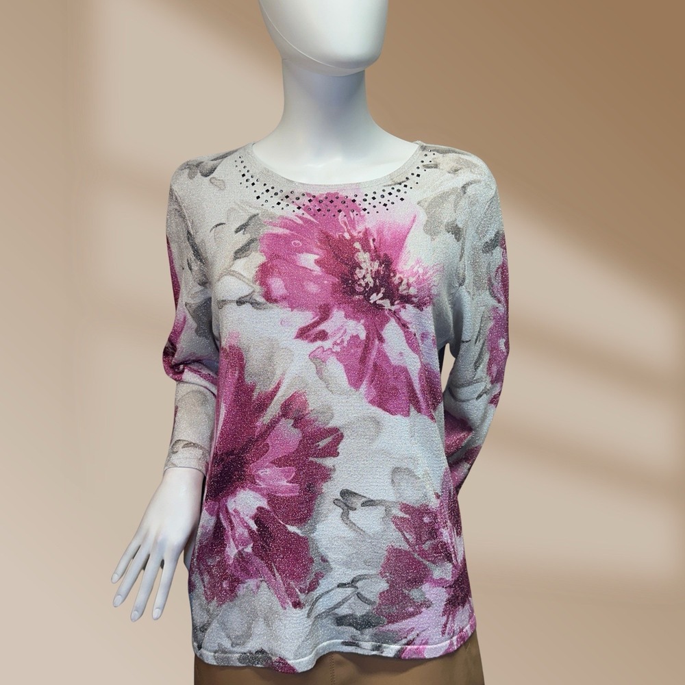 Alfred Dunner Ladies Silver Metallic Gray & Pink Floral Sweater Sz Medium